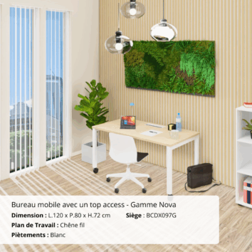 Bureau mobile avec Top Access - Gamme Nova Chêne fil et Blanc - Ambiance