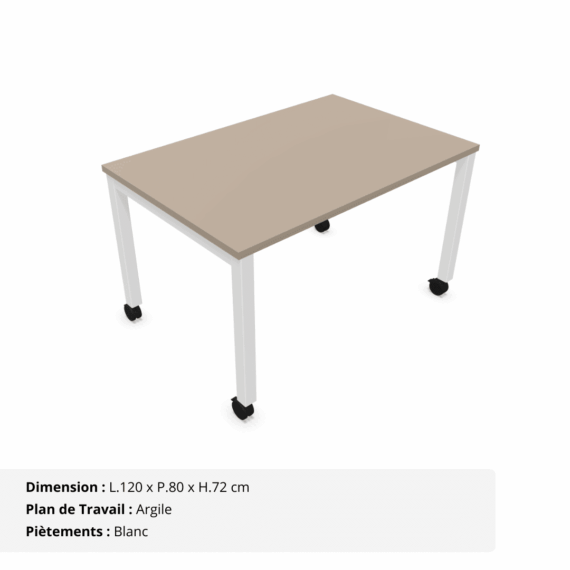 Bureau simple sur roulette - Gamme Nova Argile et Blanc