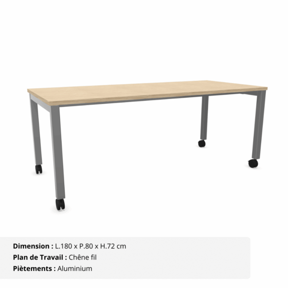 Bureau simple sur roulette - Gamme Nova Chêne fil et Aluminium