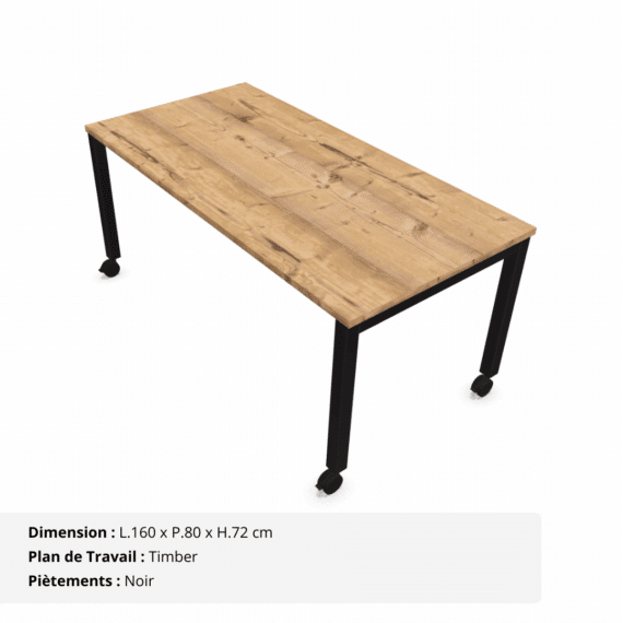 Bureau simple sur roulette - Gamme Nova Timber et Noir