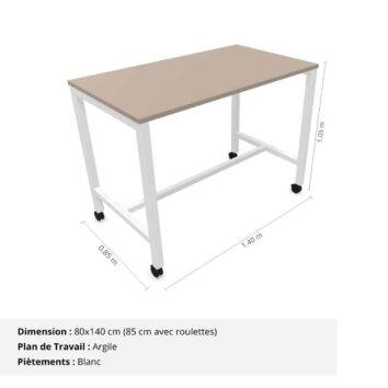 Table Haute 6 personnes - Gamme Nova - piètement Blanc et plan de travail Argile