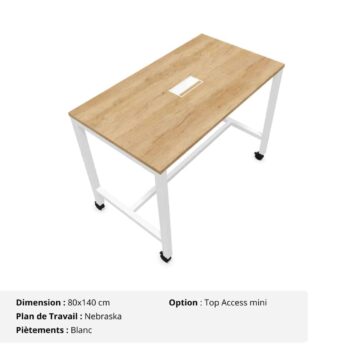 Table Haute 6 personnes - Gamme Nova - piètement Blanc et plan de travail Nebraska + option top access mini