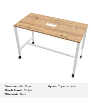 Table Haute jusqu'à 8 personnes - Gamme Nova - piètement Blanc et plan de travail Timber + Option Top access mini