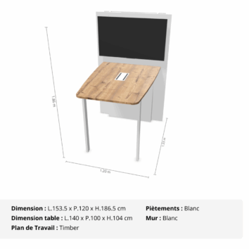 Table de Visioconférence H104 et L140 cm - Gamme VisioConnect+ - Timber et Blanc