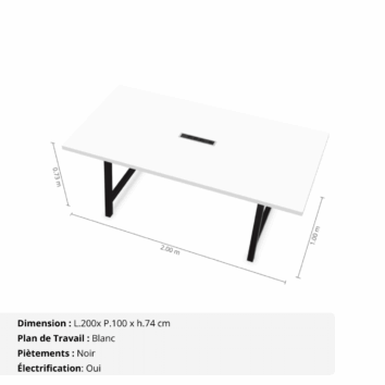 Table de réunion jusqu'à 10 personnes P.100 cm - Gamme Harmonie avec électrification - Blanc et Noir