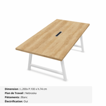 Table de réunion jusqu'à 10 personnes P.100 cm - Gamme Harmonie avec électrification - Nebraska et Blanc