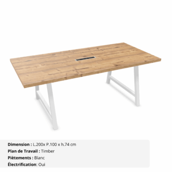 Table de réunion jusqu'à 10 personnes P.100 cm - Gamme Harmonie avec électrification - Timber et Blanc