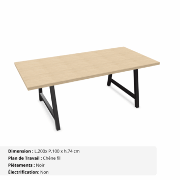 Table de réunion jusqu'à 10 personnes P.100 cm - Gamme Harmonie sans électrification - Chêne fil et Noir