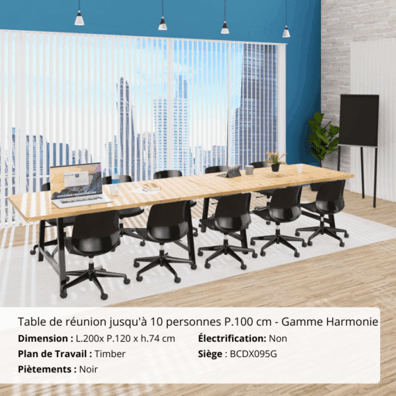 Table de réunion jusqu'à 10 personnes P.100 cm - Gamme Harmonie sans électrification - Timber et Noir - Ambiance