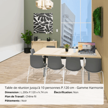 Table de réunion jusqu'à 10 personnes P.120 cm - Gamme Harmonie - Ambiance - sans électrification