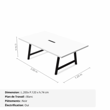 Table de réunion jusqu'à 10 personnes P.120 cm - Gamme Harmonie avec électrification - Blanc et Noir