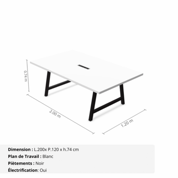 Table de réunion jusqu'à 10 personnes P.120 cm - Gamme Harmonie avec électrification - Blanc et Noir