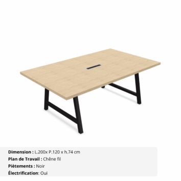 Table de réunion jusqu'à 10 personnes P.120 cm - Gamme Harmonie avec électrification - Chêne fil et Noir