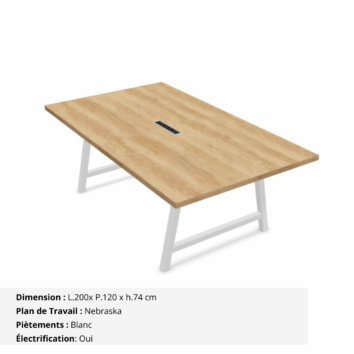 Table de réunion jusqu'à 10 personnes P.120 cm - Gamme Harmonie avec électrification -Nebraska et Blanc