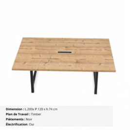 Table de réunion jusqu'à 10 personnes P.120 cm - Gamme Harmonie avec électrification - Timber et Noir