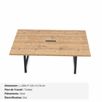 Table de réunion jusqu'à 10 personnes P.120 cm - Gamme Harmonie avec électrification - Timber et Noir