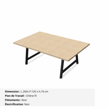 Table de réunion jusqu'à 10 personnes P.120 cm - Gamme Harmonie sans électrification - Chêne fil et Noir