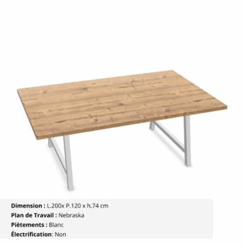 Table de réunion jusqu'à 10 personnes P.120 cm - Gamme Harmonie sans électrification - Nebraska et Blanc