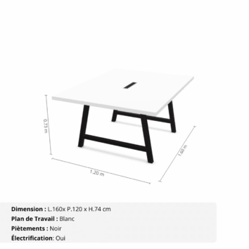 Table de réunion jusqu'à 8 personnes P.120 cm - Gamme Harmonie avec électrification - Blanc et Noir