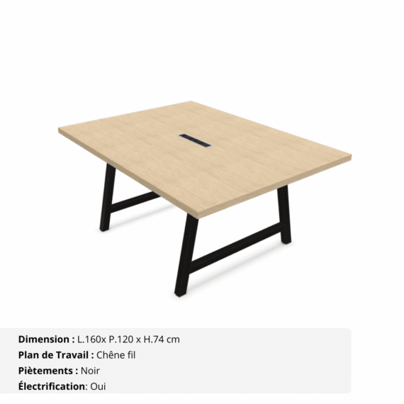 Table de réunion jusqu'à 8 personnes P.120 cm - Gamme Harmonie avec électrification - Chêne fil et Noir