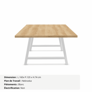 Table de réunion jusqu'à 8 personnes P.120 cm - Gamme Harmonie sans électrification - Nebraska et Blanc