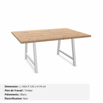Table de réunion jusqu'à 8 personnes P.120 cm - Gamme Harmonie sans électrification - Timber et Blanc