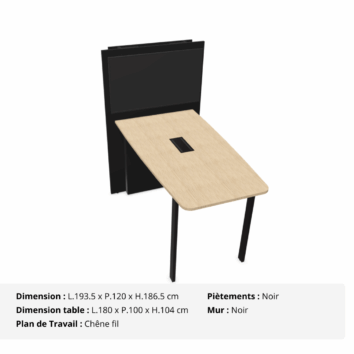 Table de visioconférence H104 et L180 cm - Gamme VisioConnect+ - Chêne fil et Noir