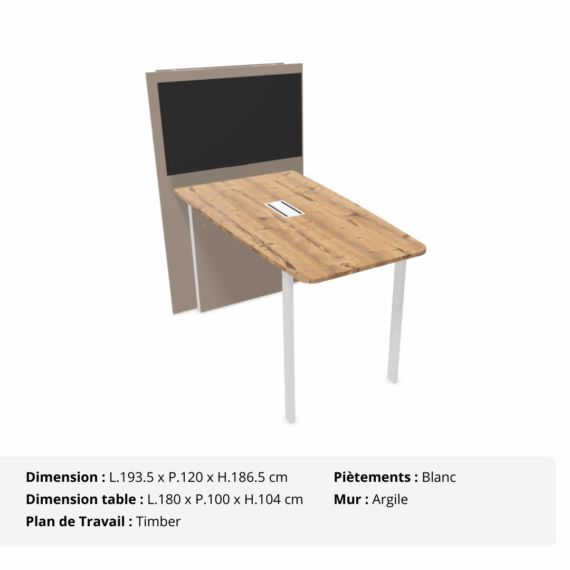 Table de visioconférence H104 et L180 cm - Gamme VisioConnect+ - Timber, Blanc et Argile