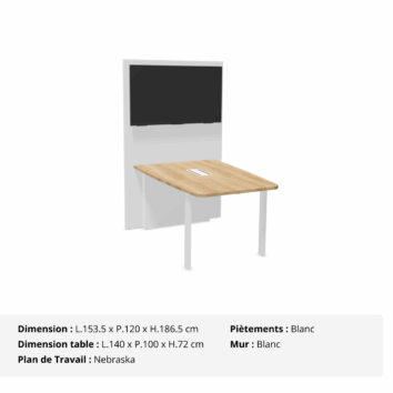 Table de visioconférence H72 et L140 cm - Gamme VisioConnect+ - Nebraska et Blanc