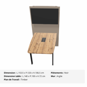 Table de visioconférence H72 et L140 cm - Gamme VisioConnect+ - Timber, Noir et Argile