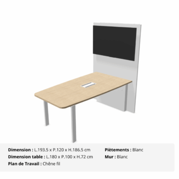 Table de visioconférence H72 et L180 cm - Gamme VisioConnect+ - Chêne fil et Blanc
