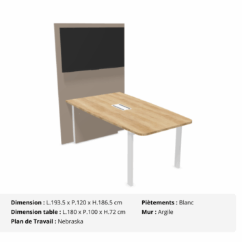 Table de visioconférence H72 et L180 cm - Gamme VisioConnect+ - Nebraska, Blanc et Argile
