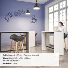 Table haute L.160 cm - Gamme Sérénité Blanc et Noir