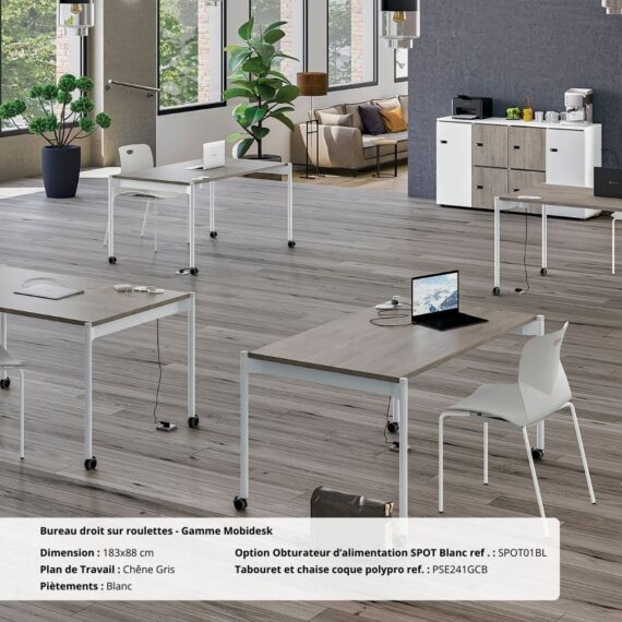 Ambiance Bureau droit sur roulettes Gamme Mobidesk chene gris blanc
