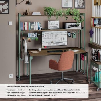 Ambiance Bureau droit sur roulettes Gamme Mobidesk noyer vert sauge