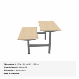 Bureau Double Assis Debout électrique - Gamme évolution - échancrure - Chêne fil et Aluminium