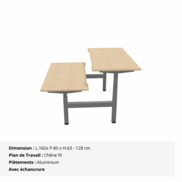 Bureau Double Assis Debout électrique - Gamme évolution - échancrure - Chêne fil et Aluminium
