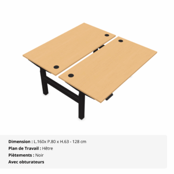 Bureau Double Assis Debout électrique - Gamme évolution - obturateurs - Hêtre et Noir