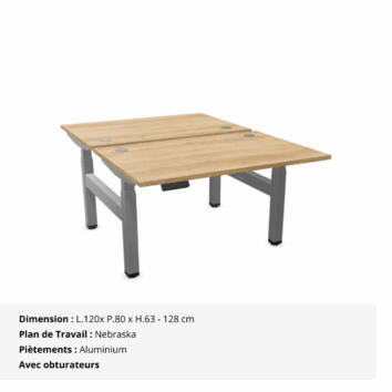 Bureau Double Assis Debout électrique - Gamme évolution - obturateurs - Nebraska et Aluminium