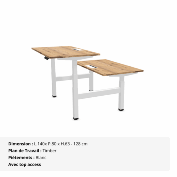 Bureau Double Assis Debout électrique - Gamme évolution - top access - Timber et Blanc