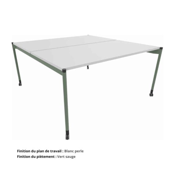 Bureau Double Open space sur roulettes Gamme Mobidesk blanc perle et vert sauge