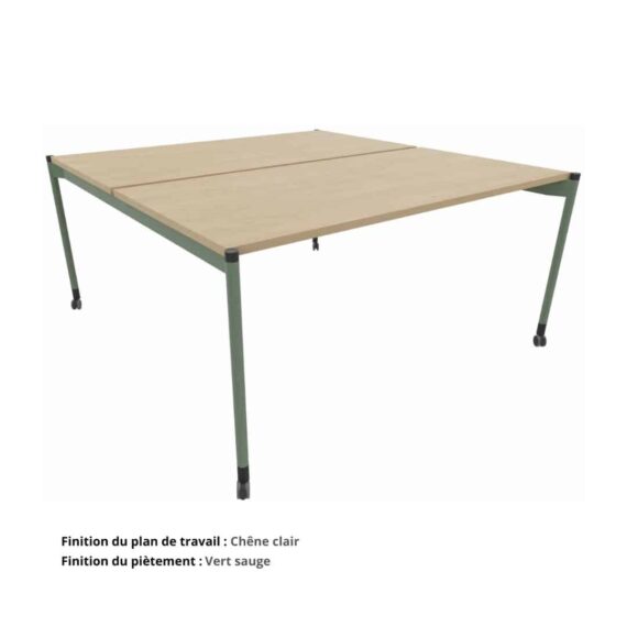 Bureau Double Open space sur roulettes Gamme Mobidesk chene clair et vert sauge