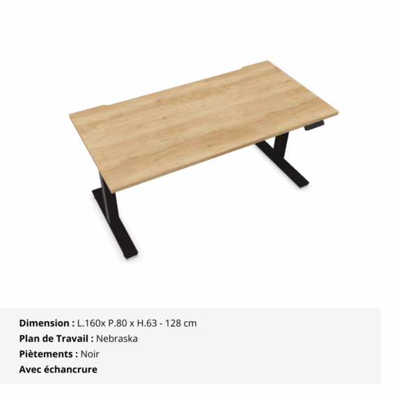 Bureau Droit Assis Debout électrique - Gamme évolution - échancrure - Nebraska et Noir