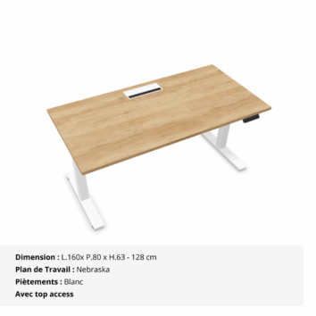 Bureau Droit Assis Debout électrique - Gamme évolution - top access - Nebraska et Blanc