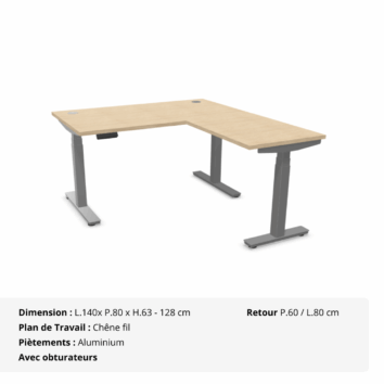 Bureau d'Angle Assis Debout électrique - Gamme évolution - Obturateurs - Chêne fil et Aluminium