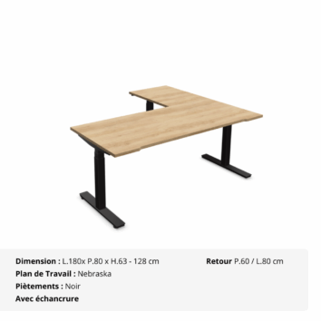 Bureau d'Angle Assis Debout électrique - Gamme évolution - échancrures - Nebraska et Noir