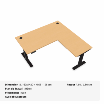 Bureau d'Angle Assis Debout électrique - Gamme évolution - obturateurs - Hêtre et Noir