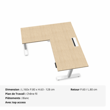 Bureau d'Angle Assis Debout électrique - Gamme évolution - top access - Chêne fil et Blanc