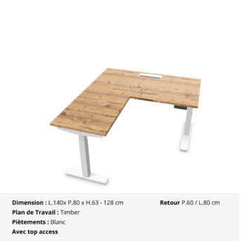 Bureau d'Angle Assis Debout électrique - Gamme évolution - top access - Timber et Blanc