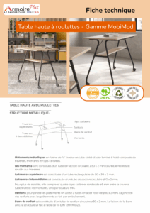 Fiche technique Table haute à roulettes - Gamme MobiMod